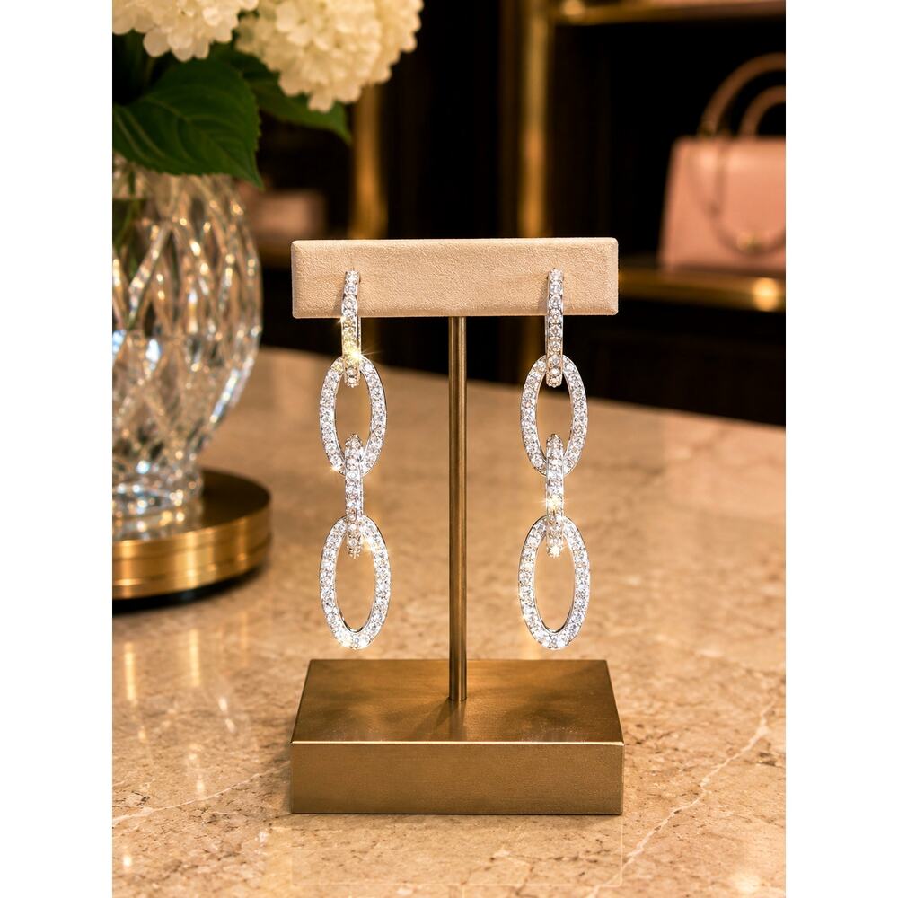 Vintage Monet Silver Tone Pave Crystal Chain Link Drop Dangle Earrings Signed